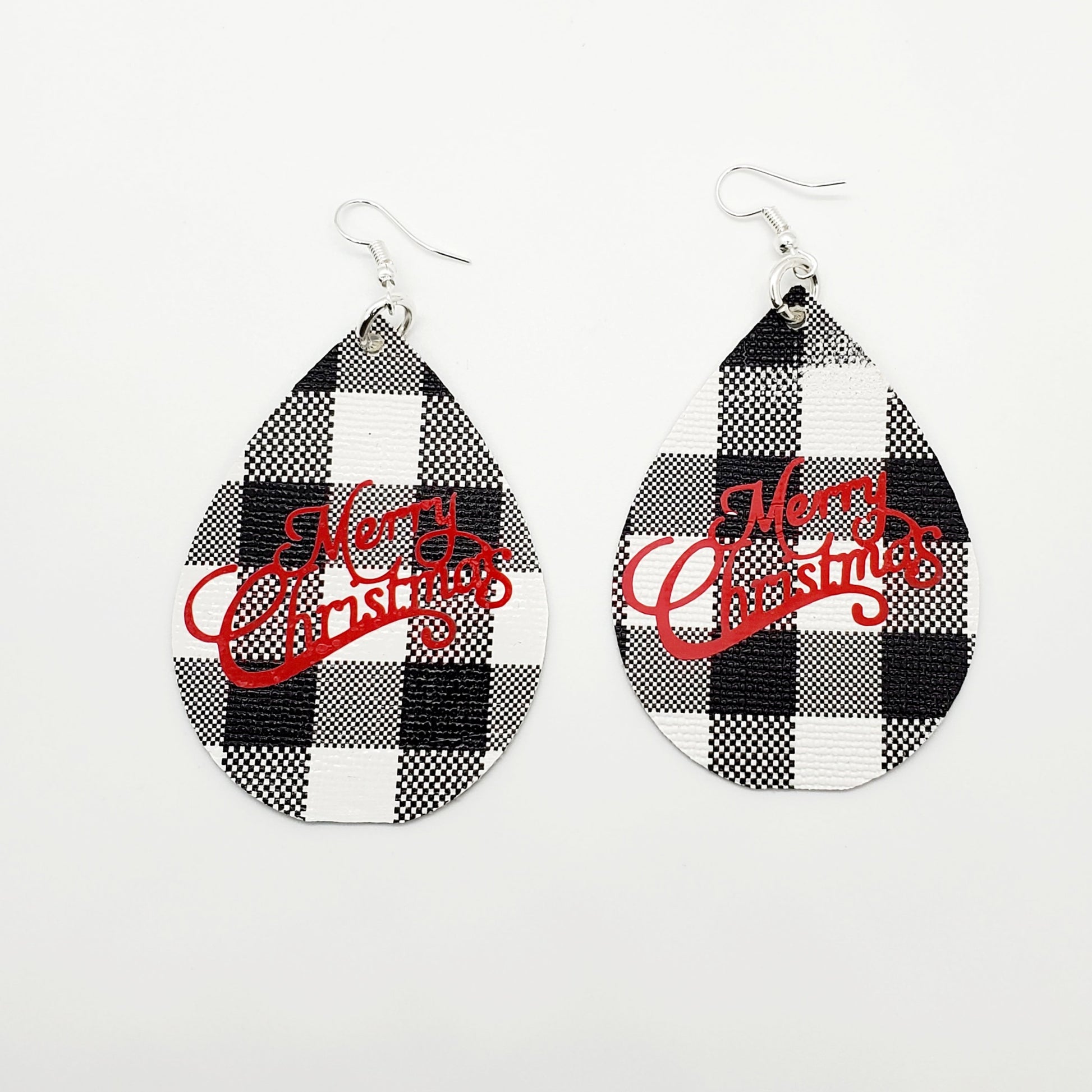 Black and White Buffalo Plaid teardrop earrings with Merry Christmas text in red