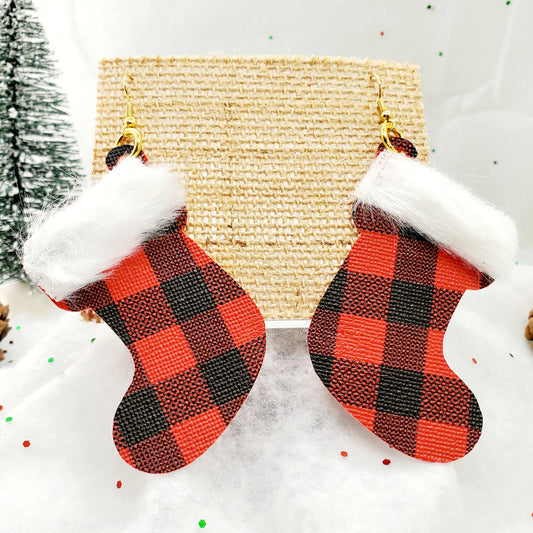 Buffalo Plaid Faux Leather Earrings with Fur trim