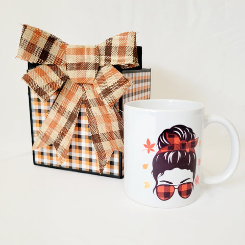 Messy Bun Girl/ Fall Love Mug Hot Cocoa and Gift Box Set