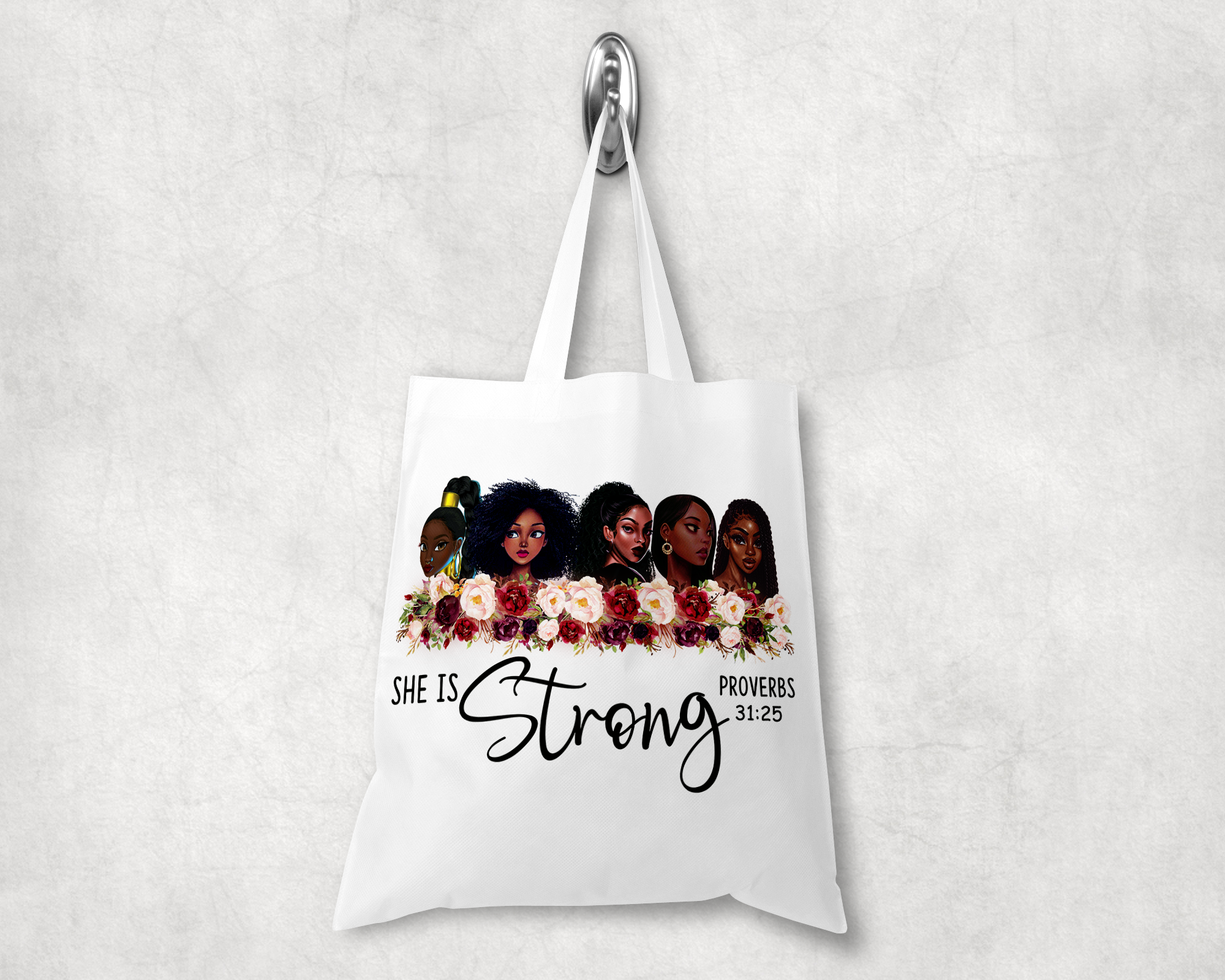 African American She Is Strong Tote bag-Red/White Floral